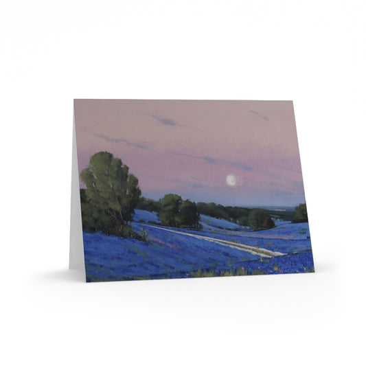 Ben Bauer: "Hill County Moonrise, Blue Bonnets" - Greeting Cards (8, 16, and 24 pcs)