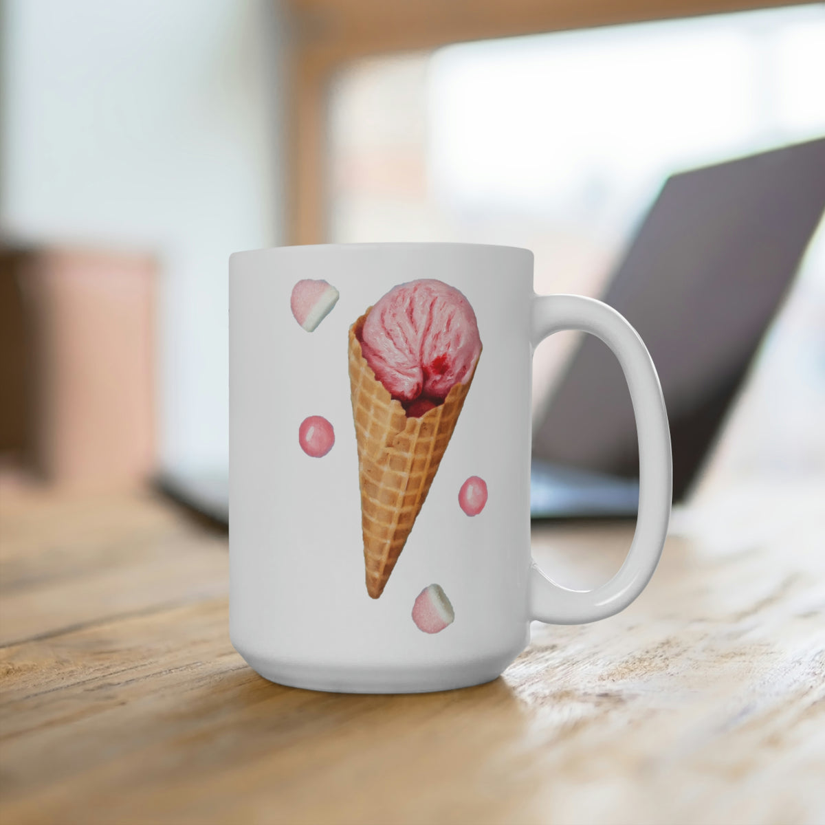 Beth Sistrunk: "Strawberry Ice Cream Cones - Beth Sistrunk" Ceramic Mug (11oz\15oz\20oz)